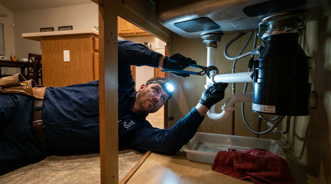 P-trap and supply line connections under a kitchen sink showing a common leak point in Lake Wales, FL